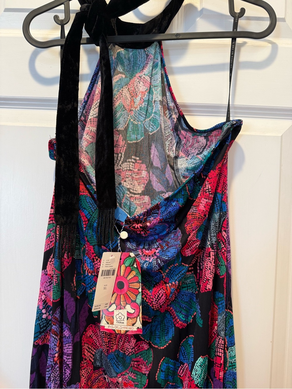 Farm Rio Halter Floral Midi Dress in Black with Red/Teal Blooms XL - Picture 3 of 3